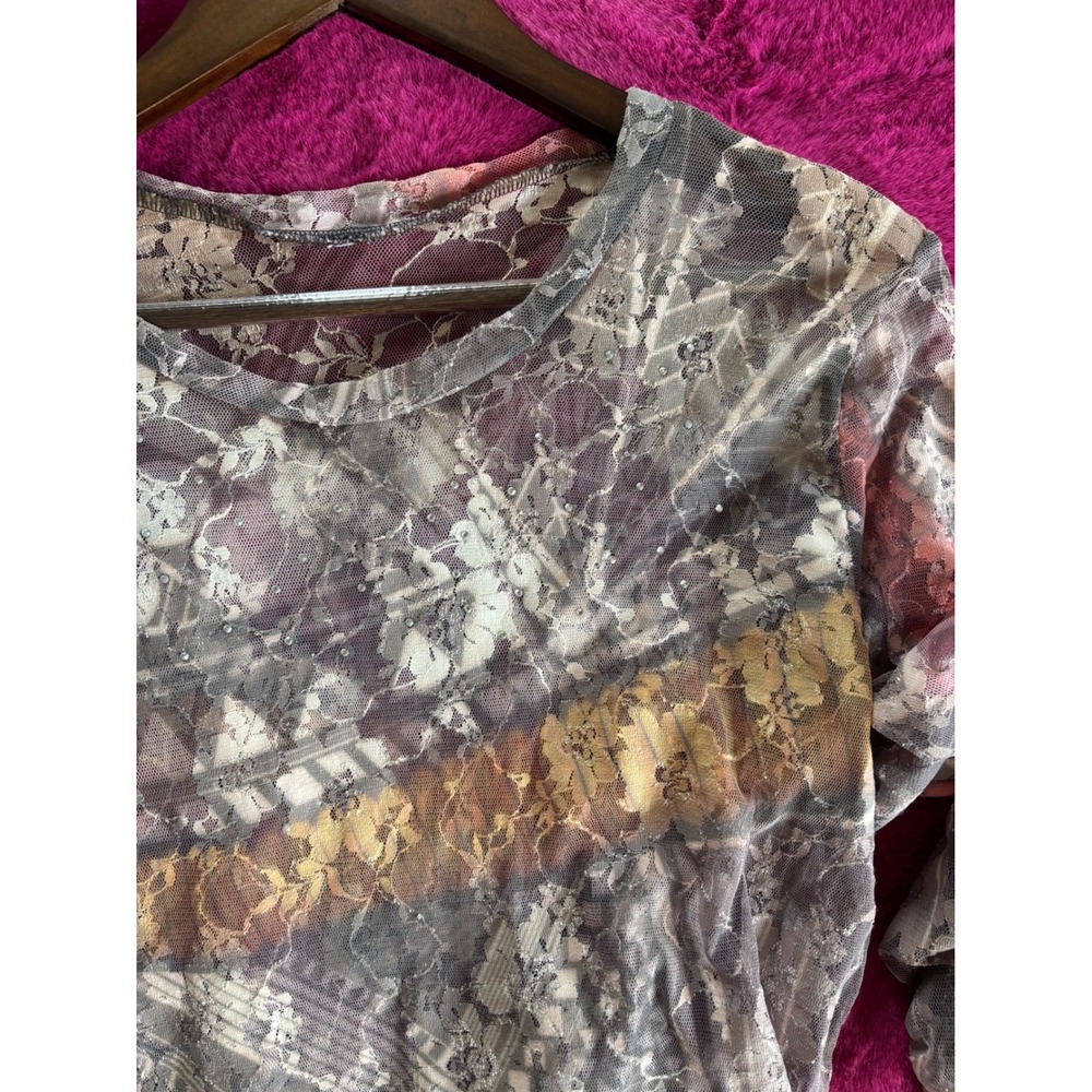 Sheer Floral Lace Mesh Top Rhinestone Print Ruched Y2K Grunge Camo Whimsigoth - Picture 10 of 10